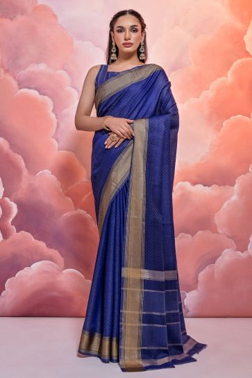 Daily Wear Cotton Fabric Blue Zari Woven Border Saree