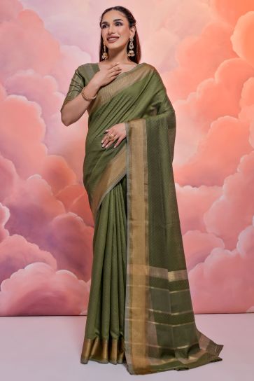 Adorable Green Color Casual Cotton Fabric Zari Woven Border Design Saree