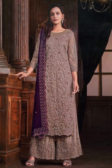 Net Fabric Lavender Color Supreme Embroidered Palazzo Suit