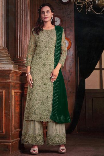 Alluring Net Fabric Sea Green Color Embroidered Palazzo Suit