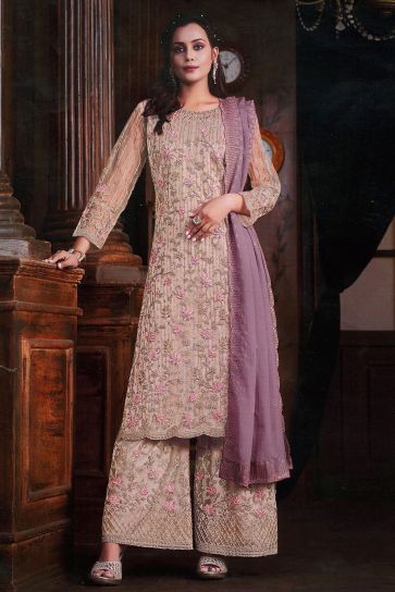 Excellent Net Fabric Pink Color Embroidered Palazzo Suit