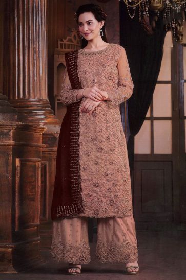 Peach Color Net Fabric Elegant Embroidered Palazzo Suit