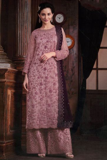 Charming Pink Color Net Fabric Embroidered Palazzo Suit