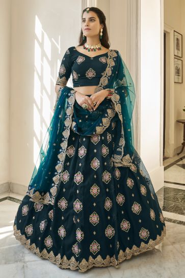 Teal Color Wonderful Embroidered Lehenga In Organza Fabric