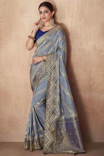 Silk Fabric Weaving Work Grey Color Saree With Designer Blouse