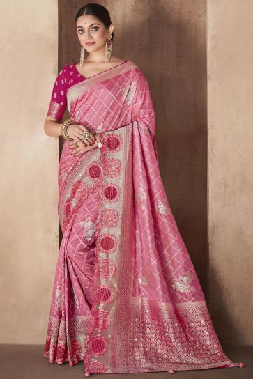 Pink Color Weaving Work Silk Fabric Saree With Designer Blouse