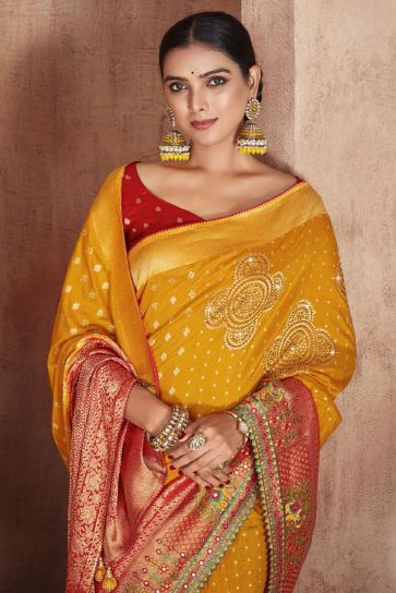 Orange Color Weaving Work Festive Wear Silk Fabric Saree With Designer Blouse
