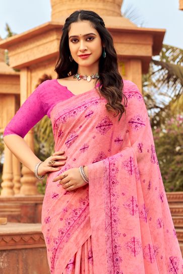 Printed Work On Chiffon Fabric Bewitching Saree In Pink Color