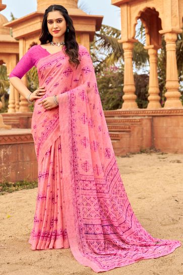 Printed Work On Chiffon Fabric Bewitching Saree In Pink Color