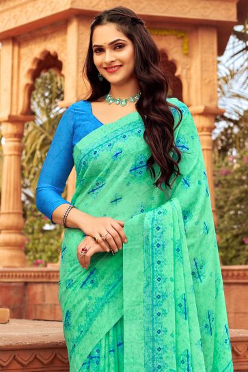 Sea Green Color Chiffon Fabric Coveted Saree With Printed Work