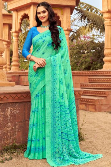 Sea Green Color Chiffon Fabric Coveted Saree With Printed Work