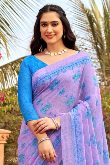 Chiffon Fabric Lavender Color Excellent Saree With Printed Work