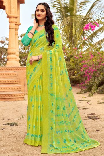 Chiffon Fabric Green Color Patterned Saree With Printed Work