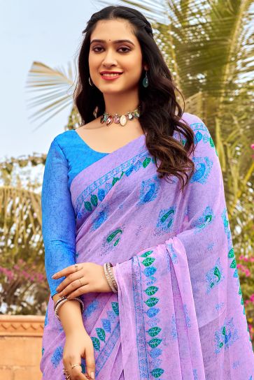 Lavender Color Chiffon Fabric Engaging Saree With Printed Work