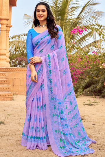 Lavender Color Chiffon Fabric Engaging Saree With Printed Work