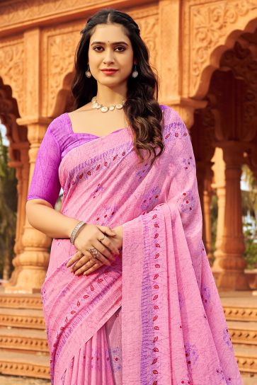 Pink Color Chiffon Fabric Special Saree With Printed Work