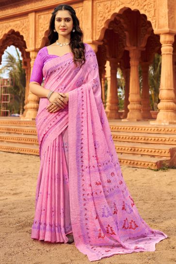 Pink Color Chiffon Fabric Special Saree With Printed Work