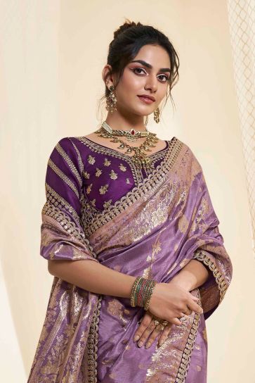 Lavender Color Silk Fabric Sangeet Wear Trendy Saree
