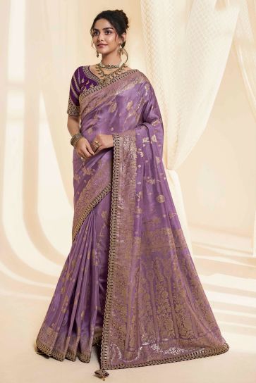Lavender Color Silk Fabric Sangeet Wear Trendy Saree