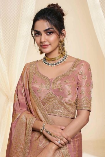Silk Fabric Sangeet Wear Luxurious Saree In Peach Color