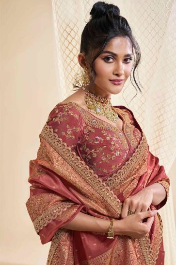 Sangeet Wear Silk Fabric Rust Color Magnificent Saree