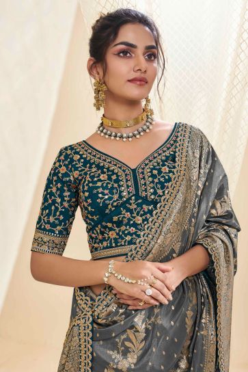 Silk Fabric Sangeet Wear Vivacious Saree In Grey Color