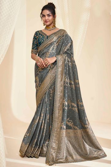 Silk Fabric Sangeet Wear Vivacious Saree In Grey Color