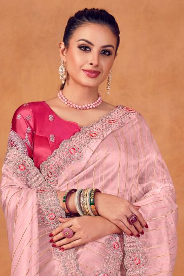 Pink Color Organza Fabric Embroidery Work Saree