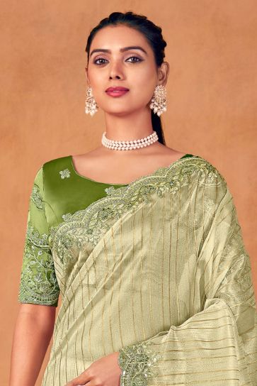 Embroidery Work Organza Fabric Saree In Green Color
