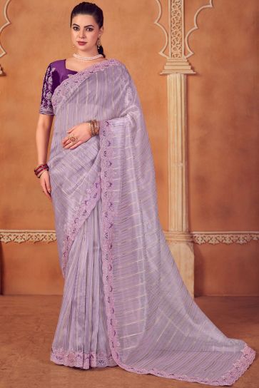 Lavender Color Organza Fabric Embroidery Work Party Wear Saree