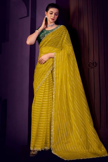 Yellow Color Stone Work Organza Fabric Party Wear Saree