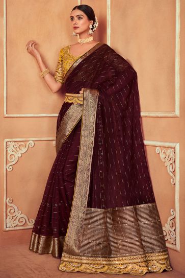 Maroon Color Organza Fabric Border Work Saree With Embroidered Designer Blouse
