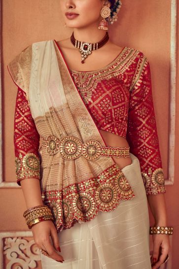 Beige Color Border Work Organza Fabric Saree With Embroidered Designer Blouse