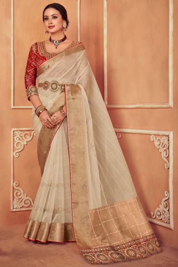 Beige Color Border Work Organza Fabric Saree With Embroidered Designer Blouse