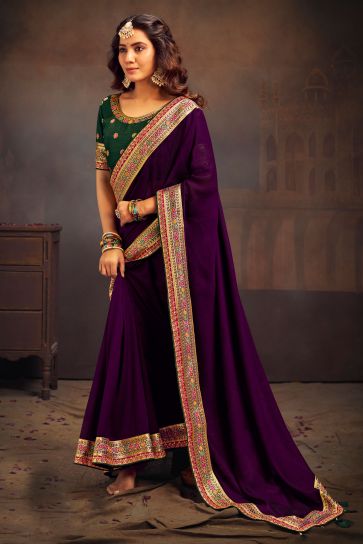 Phenomenal Border Work Purple Color Banglori Silk Saree 