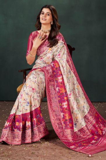 Komal Vora Phenomenal Weaving Designs White Color Silk Saree