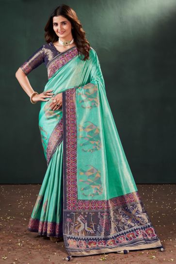 Komal Vora Fashionable Sea Green Color Weaving Designs Silk Saree