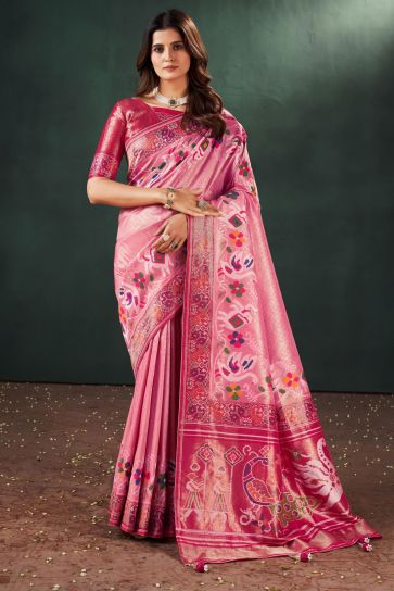 Komal Vora Pink Color Gorgeous Weaving Designs Silk Saree