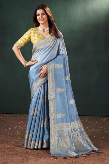Komal Vora Sky Blue Color Glorious Weaving Designs Silk Saree