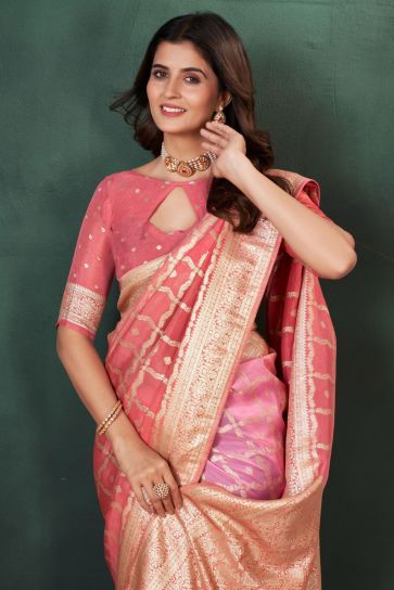 Komal Vora Embellished Peach Color Weaving Designs Silk Saree