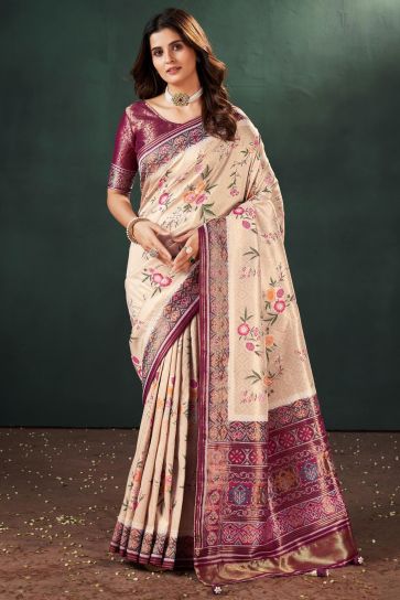 Komal Vora Cream Color Fascinating Weaving Designs Silk Saree