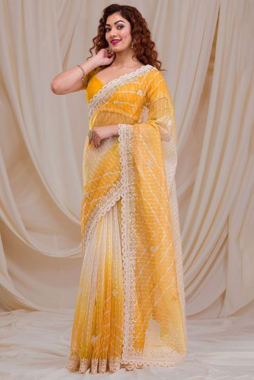 Alluring Yellow Color Fancy Work Party Style Georgette Saree