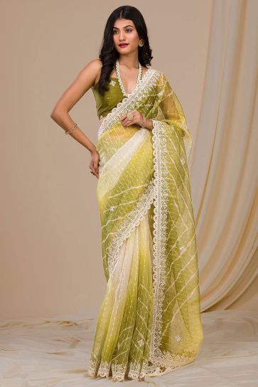 Green Color Fancy Work Graceful Party Style Georgette Saree