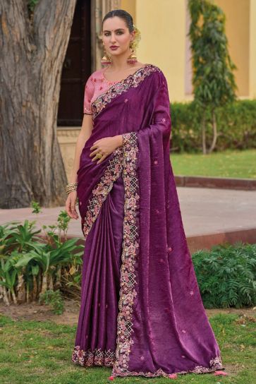 Beguiling Border Work On Purple Color Organza Silk Fabric Saree