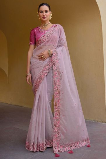 Creative Border Work On Saree In Pink Color Organza Silk Fabric