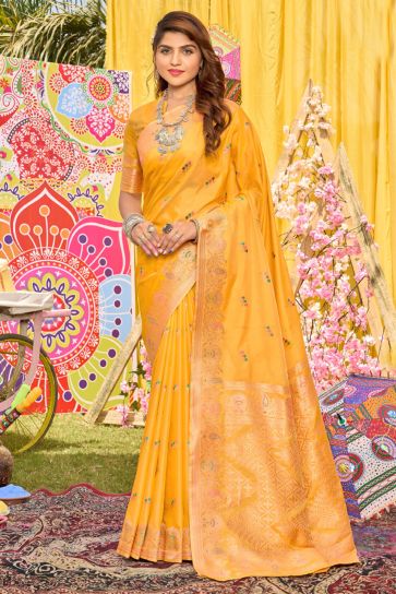 Blazing Yellow Color Weaving Work Function Wear Silk Saree