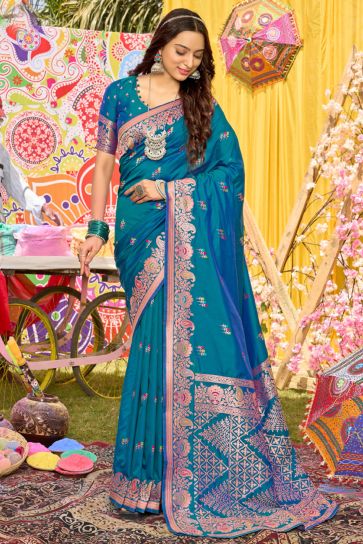 Teal Color Silk Fabric Weaving Work Festive Wear Stylish Saree