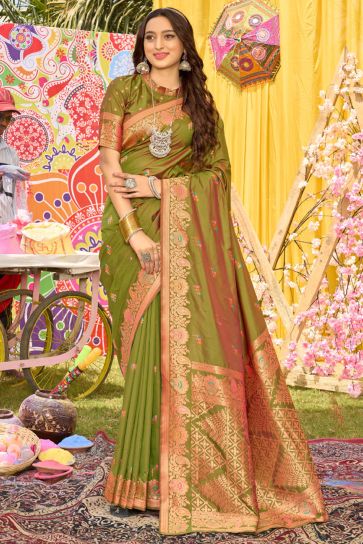 Weaving Work Soothing Function Wear Silk Saree In Mehendi Green Color