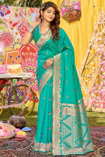 Sea Green Color Glorious Function Wear Silk Saree With Weaving Work