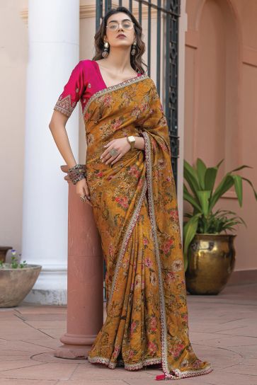 Beguiling Printed Work On Mustard Color Viscose Fabric Saree